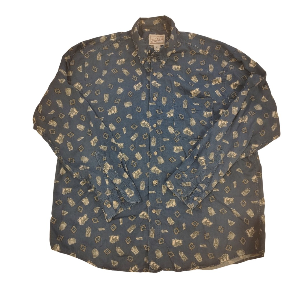 Woolrich Mens XL Blue Cotton Button Down Shirt Novelty Antique Clock Print Peru